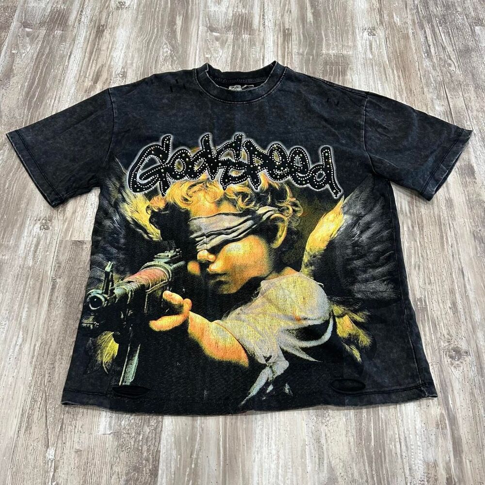 Godspeed skater grunge streetwear black distressed faded angel graphic tee